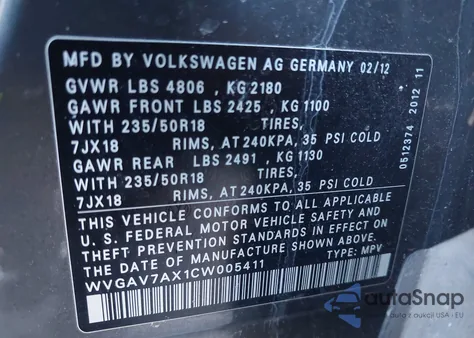 2012 Volkswagen Tiguan Se z USA, uszkodzony, nr VIN WVGAV7AX1CW005411